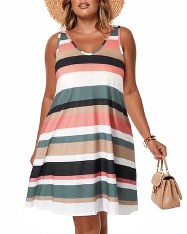 Pinup Fashion Women Plus Size Casual Dresses Summer Sleeveless Sundress Striped Criss Cross Back T-Shirt Tank Dress with Pockets - Image 5
