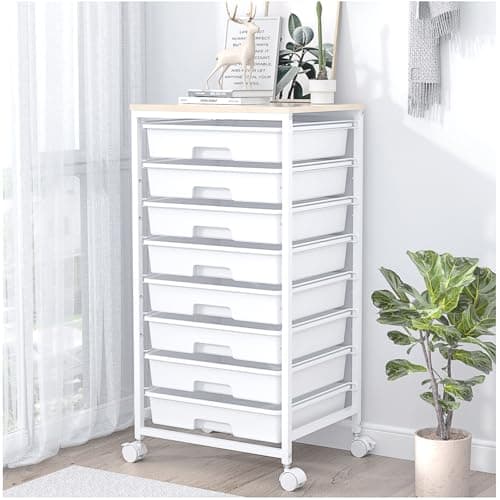 SYKIARIOL Rolling Storage Cart with Drawers,Utility Cart With 8 Drawers and Wooden Tabletop,Rolling Drawer Cart,Storage Drawer Cart for Living Room,Classroom,Bedroom,Bathroom,Dorm,Office,White - Image 1