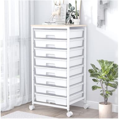 SYKIARIOL Rolling Storage Cart with Drawers,Utility Cart With 8 Drawers and Wooden Tabletop,Rolling Drawer Cart,Storage Drawer Cart for Living Room,Classroom,Bedroom,Bathroom,Dorm,Office,White - Image 1