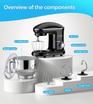 Facelle Stand Mixer, 660W 6 Speed Electric Kitchen Mixer with Pulse Button, Attachments include 6.5QT Bowl, Dishwasher Safe Beater,Dough Hook,Whisk & Splash Guard for Dough,Baking,Cakes,Cookie(Black) - Image 9