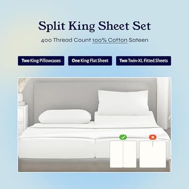 California Design Den Split King Sheets Sets for Adjustable Bed - Soft 400 Thread Count Sateen, Natural 100% Cotton Sheets, Deep Pockets, Breathable, Cooling & Durable Bedding Set - Ivory (Pale Tone) - Image 2