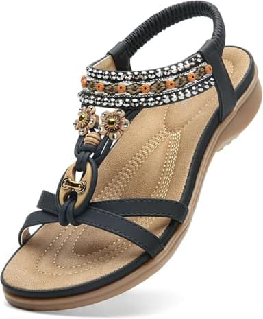 Littleplum Womens Sandals Arch Support Bohemian T-Strap Flower Rhinestone Sandals Women's Non Slip Summer Beach Flat Sandals Black Size 8.5 - Image 1