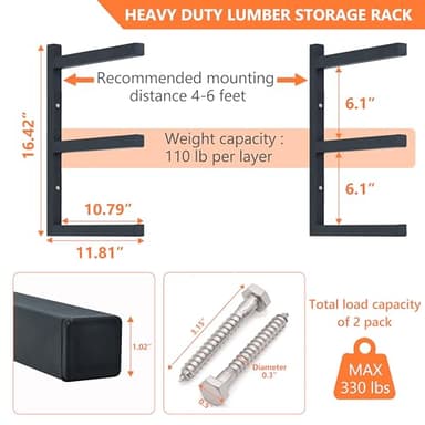 Wood Storage Racks with 3 Level, Garage Organizer Lumber Storage Rack Wall Mounted, Workshop Organizers Wood Wall Shelving, Lumber Metal Racks for Garage, Basement, Indoor and Outdoor (Black-4 Pack) - Image 3