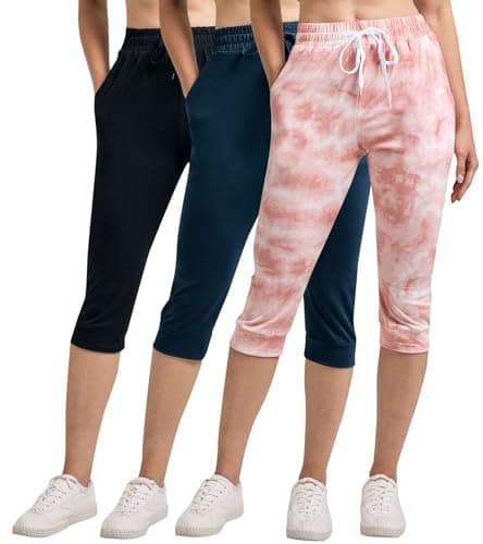 Real Essentials 3-Pack: Women's Ultra Soft Lounge Capri Joggers Sweatpants Athletic Yoga with Pockets(Available in Plus Size) - Set 4, XL - Image 1