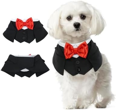Small Dog Tuxedo Dog Suit and Tie Dog Wedding Bandana Adjustable Collar Red Bowtie Dog Parties Birthday Bandana Boy Girl Dog Formal Costume Wedding Outfit for Small Dogs Yorkie,Toy Poodle IKIPUKO - Image 3