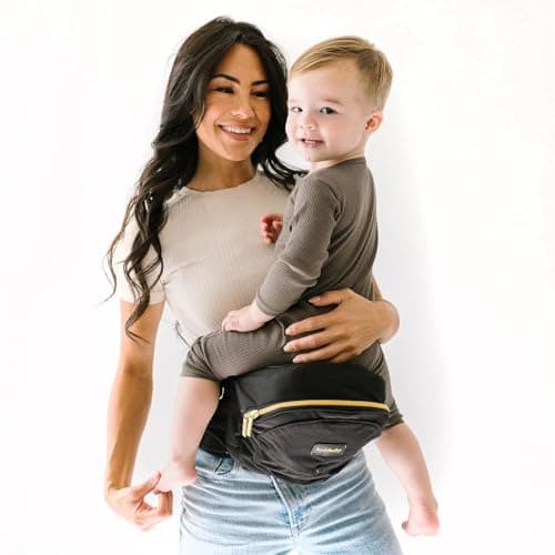 Tushbaby The Original Safety-Certified Hip Carrier for Babies & Toddlers: Machine Washable Child Waist Seat with Pocket Storage, As Seen on Shark Tank (23”-44” waist, 0-3 yrs up to 45lbs) – Black/Gold - Image 1