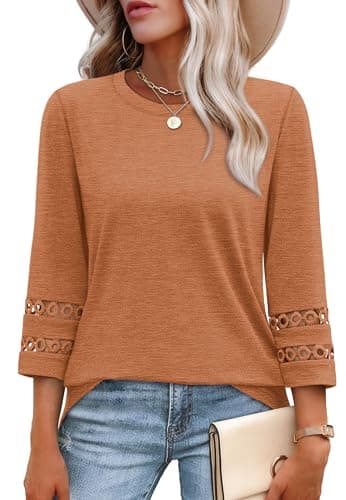 Womens Tops Dressy Casual 3/4 Length Sleeve Tshirts Shirts Work Blouses Beach Vacation Fall Clothes 2025 Caramel 2XL - Image 1