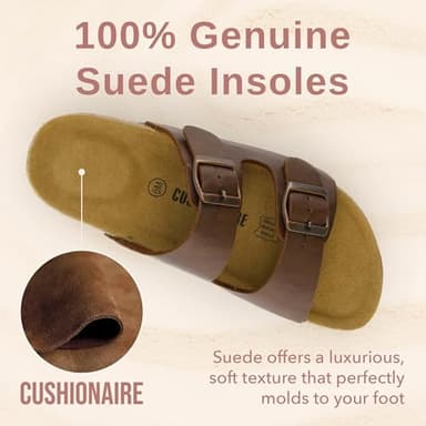 CUSHIONAIRE Lane Cork Footbed Sandals for Women – Comfortable Double Buckle Slip-On with Genuine Suede Footbed & Arch Support Slides for Women Footwear, BROWN 10 - Image 3