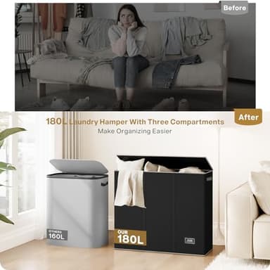 SOLEDI 180L Laundry Hamper 3 Section, Extra Large Laundry Hamper with Lid, Dirty Clothes Hamper with Sturdy Handle, Large Laundry Basket Organizer for Laundry Room, Bedroom, Hampers for Laundry - Image 9
