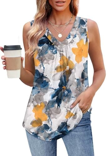 OFEEFAN Summer Outfits for Women Fashion Clothing Tank Tops Loose Fit Workout Sleeveless Tops Patterned-Flower L - Image 2