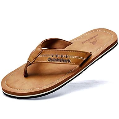 Quickshark Mens Flip Flops Leather Sandals Lightweight Beach Slippers Arch Support AKhaki Size 12 - Image 1