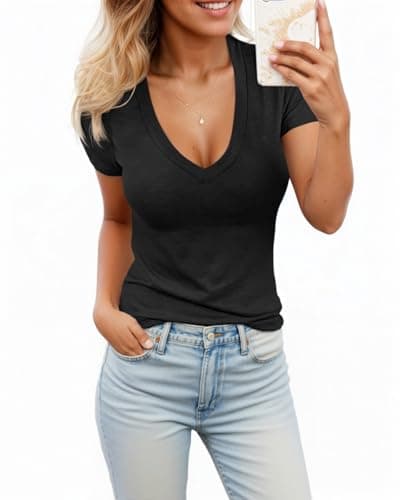 Womens Summer Short Sleeve Sexy Tshirt Tops Deep V Neck Shirts Casual Slim Fit Basic T-Shirt Tee A-Black - Image 1