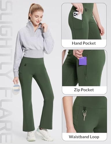 baleaf Women's Fleece Lined Leggings Water Resistant Winter Pants Thermal Warm Flare High Waist Bootcut for Outdoor Hiking Dark Army Green L - Image 5