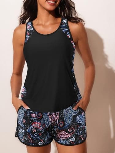 Summer Mae Blouson Tankini Swimsuits for Women 2025 Tummy Control Two Piece Bathing Suits with Sporty Pockets Swim Shorts Black Paisley Size 12 - Image 7