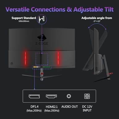 Z-Edge 27 inch Curved Gaming Monitor, FHD 1080P 200Hz 165Hz 144Hz Curved 1500R PC Monitor, MPRT 1ms Monitor, 350nits, 16.7M Colors, UG27 Frameless Bezel, 1X DP 1.4 Ports and 1X HDMI 2.1 Ports - Image 7