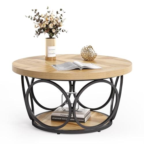 LITTLE TREE Coffee Table for Living Room, 31.5" Round Wood Center Table, Farmhouse Large Circle Coffee Tables with 2-Tier Storage, Modern Simple Brown Tea Table - Image 1