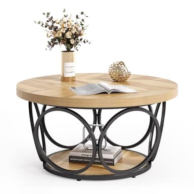 LITTLE TREE Coffee Table for Living Room, 31.5" Round Wood Center Table, Farmhouse Large Circle Coffee Tables with 2-Tier Storage, Modern Simple Brown Tea Table - Image 1