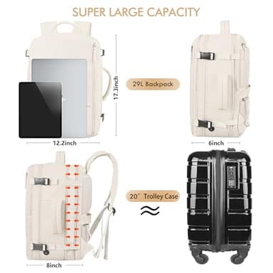 Beraliy Travel Backpack, Large Carry On Backpack, Personal Item Travel Bag, Airline Approved 17 Inch Laptop Backpack, College Weekender Business Hiking Bag, Beige - Image 8