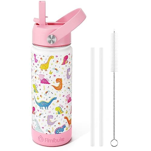 Fimibuke Kids Insulated Water Bottle, 18oz BPA FREE 18/8 Stainless Steel Kid Cup with Straw Travel Tumbler Double Wall Vacuum Leak Proof Toddler Water Bottle for School Boy Girl(1 Pack,White Dinosaur) - Image 1