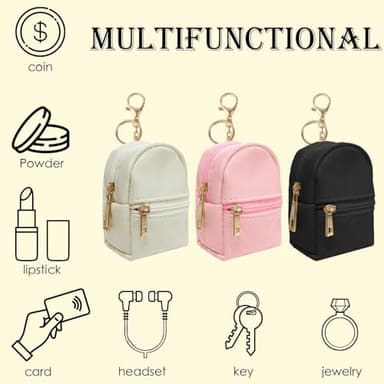 LYDZTION 3Pcs Mini Backpack Cute Cosmetic Bag for Women,PU Leather Makeup Bag Key Pocket Lipstick Bag Card Holder Data Cable Organizer Zipper Pouch,Black Beige Pink - Image 2