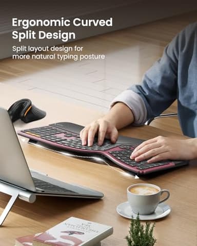 ProtoArc Backlit Bluetooth Ergonomic Keyboard, EK01 Plus Full Size Wireless Split Keyboard with Dual Bluetooth and USB, Cushioned Wrist Rest, Rechargeable, Compatible with Windows/Mac, Wine Red - Image 4