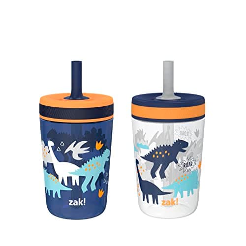 Zak Designs Kelso Toddler Cups For Travel or At Home, 15oz 2-Pack Durable Plastic Sippy Cups With Leak-Proof Design is Perfect For Kids (DinoRoar, Zaksaurus) - Image 1