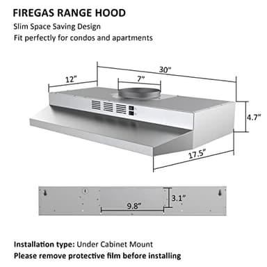 FIREGAS 30 inch Range Hood Under Cabinet, Ducted/Ductless Convertible Stainless Steel Kitchen Range Hood with Rocker Button Control, 2 Speed Exhaust Fan, 300 CFM Aluminum Filter Included - Image 9