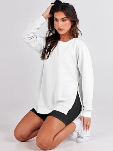ANRABESS Women's Oversized Sweatshirts Crewneck Long Sleeve Tunic Pullover Shirts Side Zipper Hoodies 2025 Fall Clothes White XX-Large - Image 4