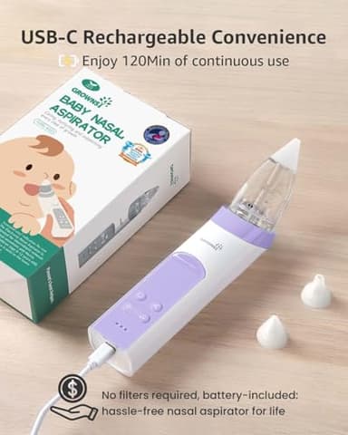 GROWNSY Nasal Aspirator for Baby, Electric Baby Nose Sucker, Automatic Nose Cleaner with Larger Suction Chamber and More Powerful Suction, Music and Light Soothing Function, Purple - Image 7