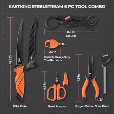 KastKing SteelStream 6pc Fishing Tool Kit - Corrosion Resistant Fishing Pliers with Lanyard, Fillet Knife, Floating Fish Lip Gripper, Fishing Braid Scissors, Tool Retractor, Fishing Gifts for Men - Image 7