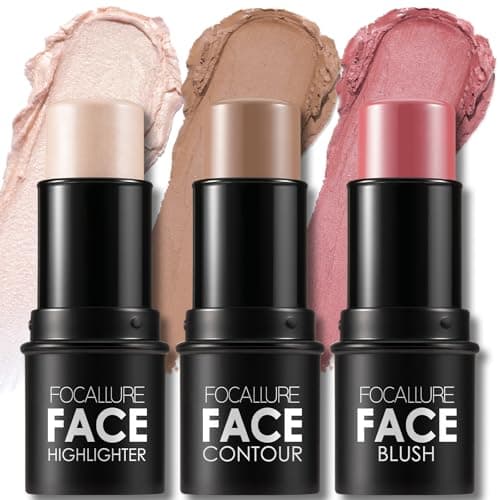 FOCALLURE 3 Pcs Cream Contour Sticks,Shades with Highlighter & Bronzer & Blush,Non-greasy Long-wear Face Contouring Pen,Easy to Sculpt the Face and Create a Lightweight Finishing Makeup,LIGHT-MEDIUM - Image 1