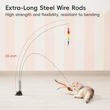 Potaroma Suction Cup Cat Wand Toys, Dual-Wand Interactive Kitten Toy for Indoor Cats with 5 Pcs Feathers Balls Attachments, Charcoal Base - Image 4