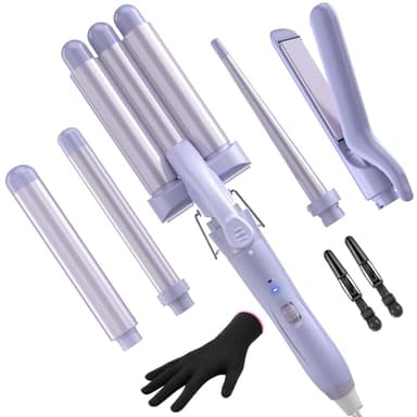 5 in 1 Wand Curling Iron-Curling Wand Set with Hair Straightener, 3 Barrels Hair Crimper Iron, 3 Ceramic Curling Irons (0.35 "-1.25"), 2 Temps Fast Heat Hair Curler Waver with Glove & Clip-Purple - Image 1