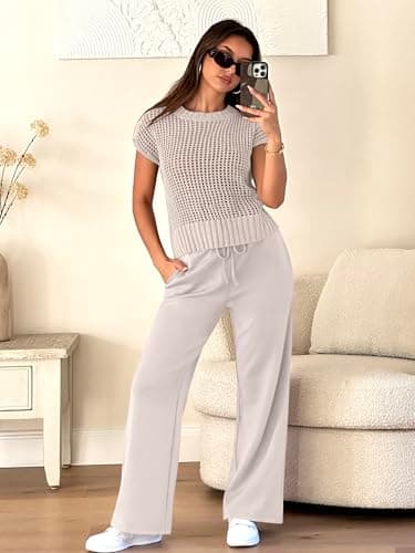 ANRABESS Women Two Piece Outfits Crochet Sheer Knit Sweater Top Wide Leg Pants Lounge Matching Sets Sweatsuit Travel Clothes Aprioct Medium - Image 4