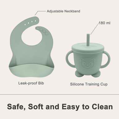 Munlinder Silicone Baby Feeding Set | Baby Led Weaning Supplies Includes Suction Bowls and Divided Plates, Adjustable Bib, Baby Utensils Spoons and Forks,Cup | Baby Feeding Essentials (Light Green) - Image 5