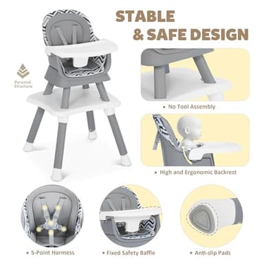 TODEFULL Baby High Chair, 8 in 1 Convertible Highchairs for Babies and Toddlers, Children Dining Booster Seat/Kids Building Block Table for Girls Boys, Baby Seat with Removable Tray, Chevron - Image 6