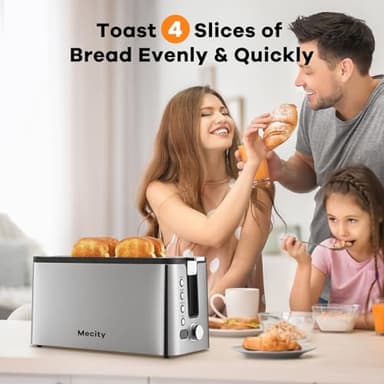 Mecity 4 Slice Toaster, Long Slot Toaster With Countdown Timer, Bagel/Defrost/Reheat/Cancel Functions,Warming Rack, Removable Tray, 6 Browning Settings, Extra Wide Slots, Stainless Steel, 1300W - Image 5