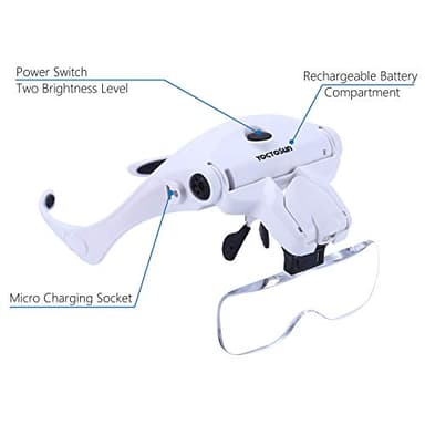 YOCTOSUN LED Head Magnifier, Rechargeable Hands Free Headband Magnifying Glasses with 2 Led, Professional Jeweler's Loupe Light Bracket and Headband are Interchangeable - Image 5