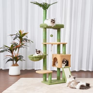 Heybly Cat Tree,Cat Tower for Indoor Cats, 65.4 inches Cat Condo with Perches, Basket, Feeding Bowl Station, Multi-Level Plush Furniture with Scratching Posts, Green and Yellow HCT015GY - Image 2