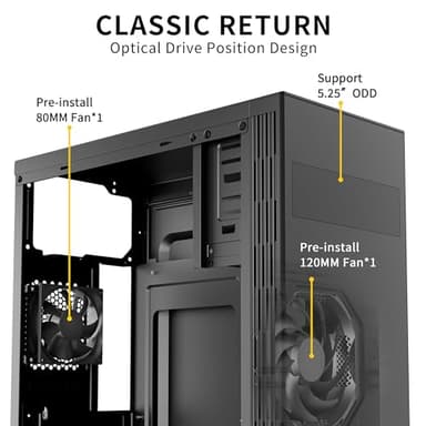 MOROVOL PC Case Support 5.25" ODD, ATX Computer Case Pre-Install 1x120MM Fan+1x80MM Fan, Desktop ATX Tower Case, USB 3.0 Classic Retro Design, Black,852 - Image 2