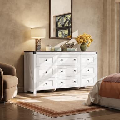 WLIVE Dresser for Bedroom, 63" Wide 9 Drawer Farmhouse Dresser Storage Organizer, Wood Chest of Drawers for Bedroom, TV Stand for 70 inch TV, for Living Room, Hallway, Ball Bearing Slide (White) - Image 2