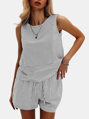 EXLURA Women's Summer 2 Piece Outfits Sleeveless Tank Top Matching Shorts Sets Cotton Striped Sweatsuits Vacation Beach 2025 - Image 5