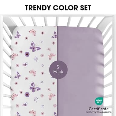 Little Grape Land Pack and Play Sheets Mini Crib Sheets Soft Breathable Pack N Play Sheets, Playard Fitted Sheet 2 Pack Stretchy Fits 38"x26" Playard Mattress, Purple Butterfly - Image 5