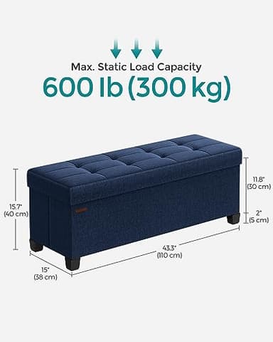 SONGMICS Storage Ottoman Bench, Foldable Foot Rest with Legs, 15 x 43 x 15.7 Inches, End of Bed Bench, Storage Chest, Load up to 660 lb, for Living Room, Bedroom, Entryway, Midnight Blue ULSF018I01 - Image 2