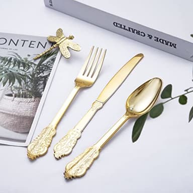 BUCLA 600 Pieces Gold Plastic Silverware - Plastic Gold Utensils - Heavyweight Disposable Cutlery - 200 Forks, 200 Spoons, 200 Knives - Image 4