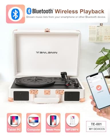 Vinyl Record Player Bluetooth Vintage 3-Speed Portable Suitcase Turntables with Built-in Speakers, Belt-Driven LP Player Support USB Recording AUX-in RCA Line Out Headphone Jack, White - Image 8