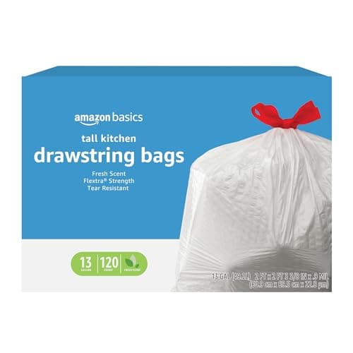 Amazon Basics Flextra Tall Kitchen Drawstring Trash Bags, Fresh Scent, 13 Gallon, 120 Count - Image 1