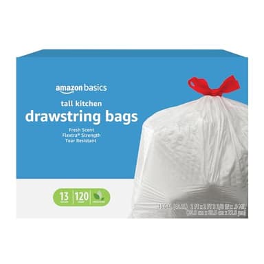 Amazon Basics Flextra Tall Kitchen Drawstring Trash Bags, Fresh Scent, 13 Gallon, 120 Count - Image 1