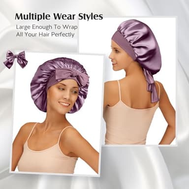 YFONG 100% 22 Momme Mulberry Silk Bonnet for Sleeping Women, Larger Double Layer Silk Hair Wrap for Curly Short Long Hair, Non-Slip Sleep Cap Turban with Elastic Tie Band for Hair Care, Purple - Image 7