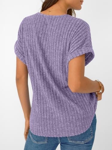 AUTOMET Women Tops Summer Sweaters Short Sleeve V Neck Shirts 2025 Spring Fashion Dressy Casual Business Tunic Blouses Purple L - Image 4